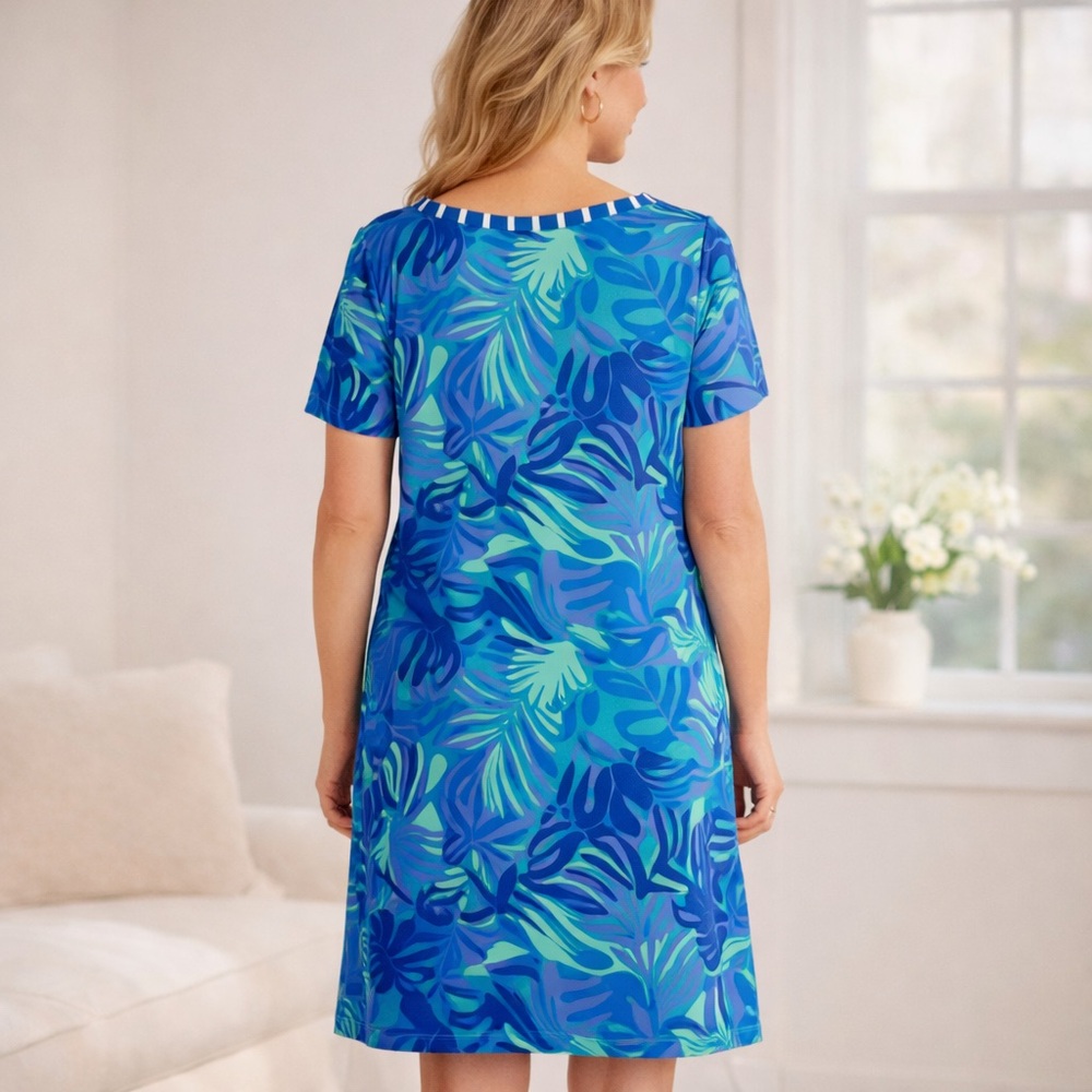 Chico’s Size 3 Blue Green Tropical Leaf Print Short Sleeve Shift Dress - Picture 4 of 13